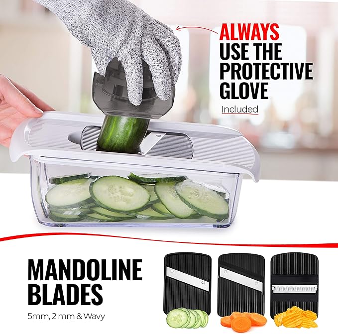 Fullstar Mandoline Slicer for Kitchen, Fruit Cutter, Cheese Grater, Cucumber Slicer, Veggie Spiralizer, Food Cutter & Kitchen Gadgets with Safety Glove (11 in 1, White)