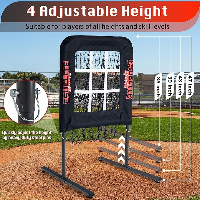 Heavy-Duty 9 Hole Pitching Net with Strike Zone, Baseball/Softball Pitching Target, Portable Height-Adjustable Pitcher Training Equipment, Includes 4 Ground Stakes and 2 Sandbags