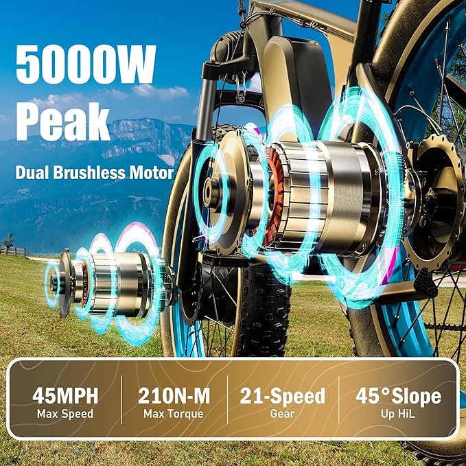 Electric Dirt Bike, 5000W Peak Dual Motor EBike for Adults, 60V 25AH Battery Electric Bike with 40-50MPH Mountain AWD 21-Speed Snow, 26" x 4.0 Fat Tire, Long Range Off-Road