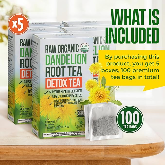 Dandelion Root Tea - Raw Organic Herbal Tea, Caffeine Free, 100 bags