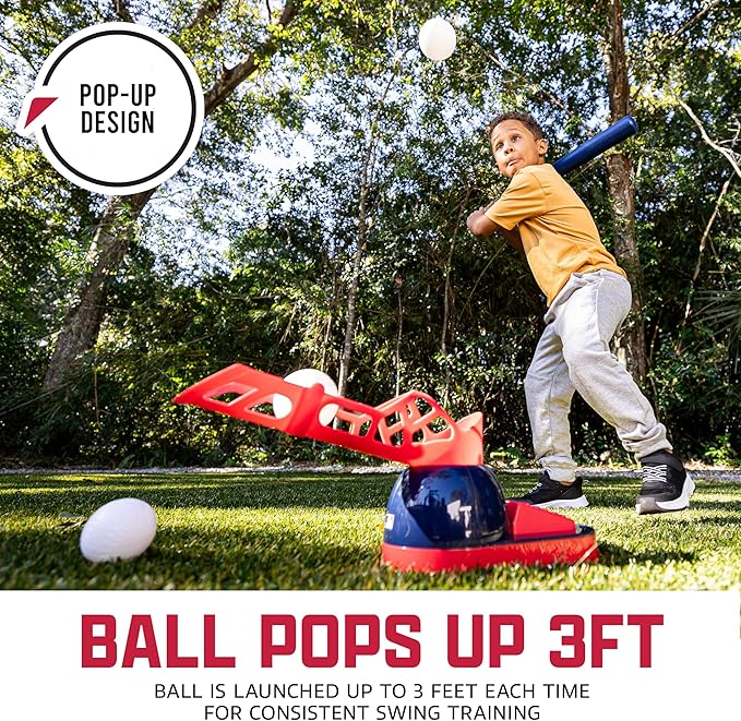 Franklin Sports Kids Baseball Pitching Machine - Pop A Pitch Batting Machine with Youth Bat + 3 Plastic Balls - Boys + Girls Toy