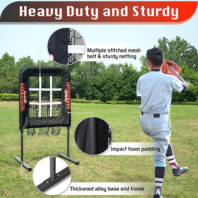 Heavy-Duty 9 Hole Pitching Net with Strike Zone, Baseball/Softball Pitching Target, Portable Height-Adjustable Pitcher Training Equipment, Includes 4 Ground Stakes and 2 Sandbags