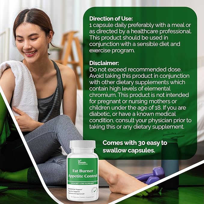 DR VITAMIN SOLUTIONS Fat Burner & Appetite Control Weight Loss Supplements for Women & Men - Metabolism Booster w/L-Carnitine, CLA, Chromium - Appetite Suppressant for Weight Loss - 30 Capsules