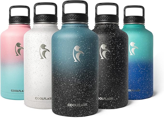 Coolflask 64 oz Insulated Water Bottle with Straw&3 Lids, Half Gallon Insulated Water Jug Galaxy Large Metal Stainless Steel Flask for Gym, Sports and Office, Keep Cold 48H Hot 24H, Starry Night