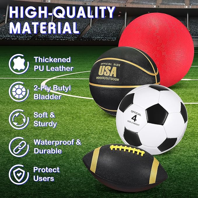 Deekin 4 Pcs Sport Balls Set for Kids Teens, Include Official Size 5 Basketball 4 Soccer 6 Football Playground Ball and Pump Sports Equipment Bag Recess Equipment Sport for Students(Classic Color)