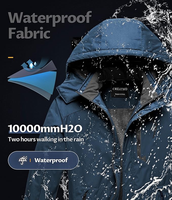CREATMO US Men's Mountain Waterproof Ski Jacket - Windproof Snowboarding Warm Winter Coat Raincoat