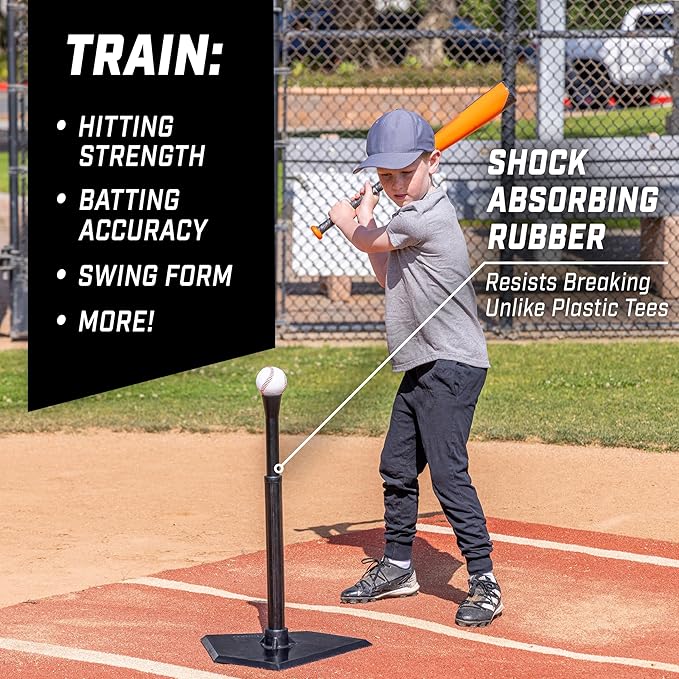 GoSports Baseball & Softball Batting Tees - Choose Jr. or Standard - Adjustable Rubber Hitting Tee