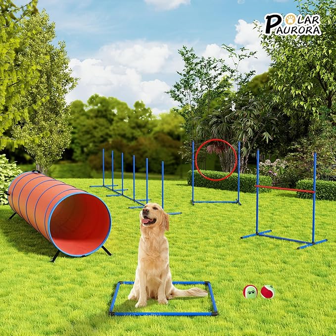 Dog Agility Course Backyard Set Dog Agility Equipment Obstacle Course Backyard Includes Adjustable High Hurdle,6 Weave Poles,Extended Tunnel,Jump Ring,Square Pause Box,2 Balls,Whistle,2 Carrying Bags
