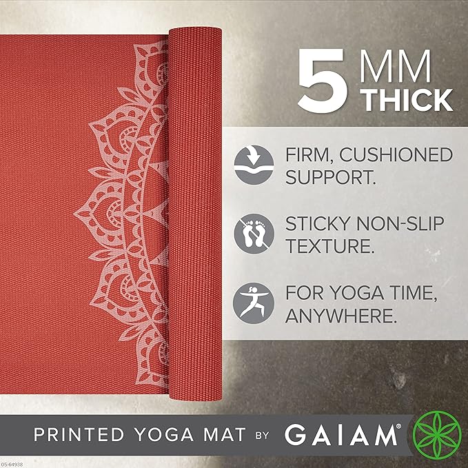 Gaiam Yoga Mat - Premium 5mm Print Thick Non Slip Exercise & Fitness Mat for All Types of Yoga, Pilates & Floor Workouts (68" x 24" x 5mm)