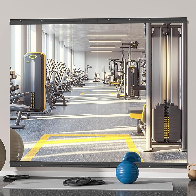 Hasipu 2 Pcs 48''x30'' Home Gym Mirror Large Full Length Wall Mounted Full Body Mirror for Yoga Dance Fitness Exercise Studio Bedroom Garage, Frameless Tempered Glass Workout Mirrors Black Rectangular