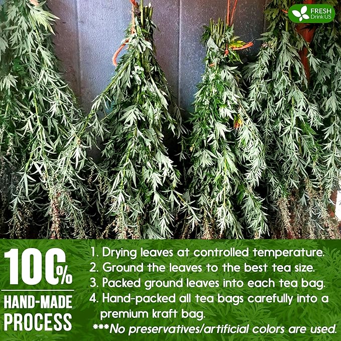 FreshDrinkUS, Premium 45 Mugwort Leaf Tea Bags, 100% Natural and Pure Mugwort Leaves. Loose Leaf Mugwort Herbal Tea. Mugwort Leaf Tea. No Sugar, No Caffeine, No Gluten, Vegan. (45 Tea Bags)