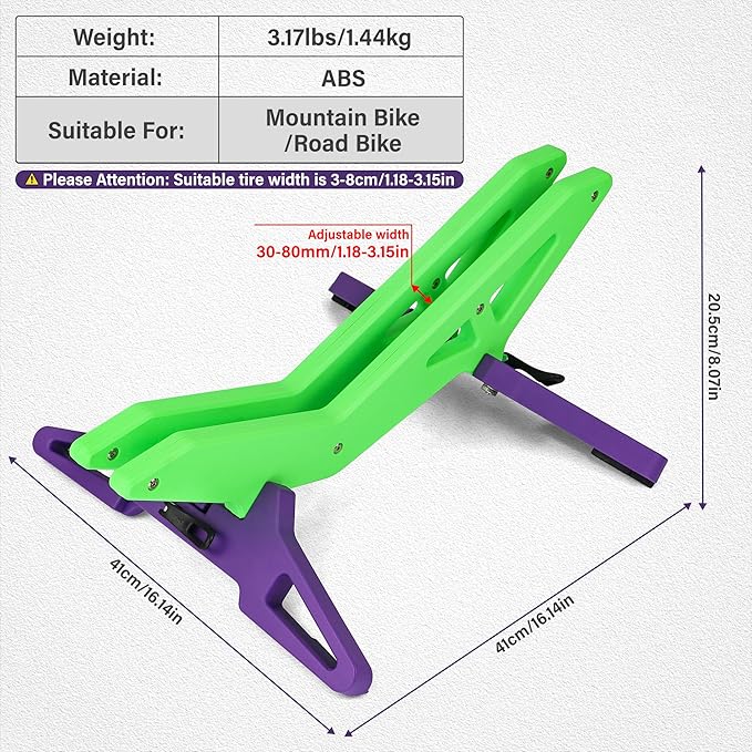 Adjustable Bike Parking Stand Fits 16-29 Inch Bicycles, Compatible with 23c-3.0 Tire Width – Heavy-Duty Plastic, Easy Installation, Stylish Two-Tone Design (Green&Purple(2 Pack))