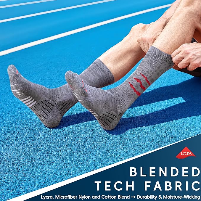 Compression Running Socks, Cushion Crew Socks - Anti-Blister Moisture Wicking for Athletic Hiking Basketball Tennis