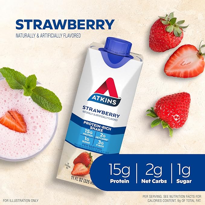 Atkins Strawberry Flavored Protein Shake, High Protein, Low Glycemic, Low Sugar and Low Carb, Keto Friendly, Gluten Free, 12 Count