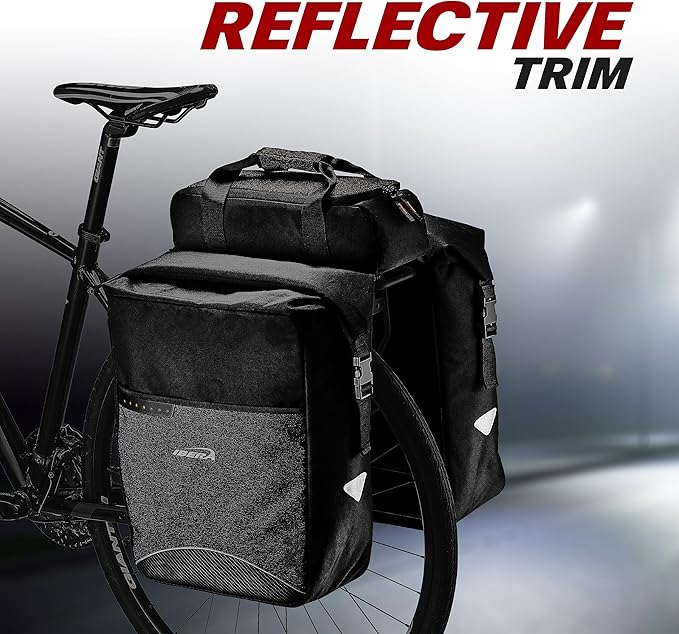 Ibera Bike Bag MIK Panniers 52.7L for Ebikes - Clip-On bike Bags For Bicycles with Built-in Battery Holder & Rain Cover - Water-Resistant Bike Rack Bag with Reflective Trim - ONLY FOR MIK RACKS