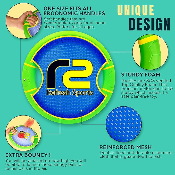 Fun Bouncy Paddle & Stringy Ball Toss & Catch Game - Easy to Use for Kids All Ages - Soft Foam Design for Safe Play Indoors or Outdoors - Also Works as Flying Disc - Great Gift Idea for Boys & Girls