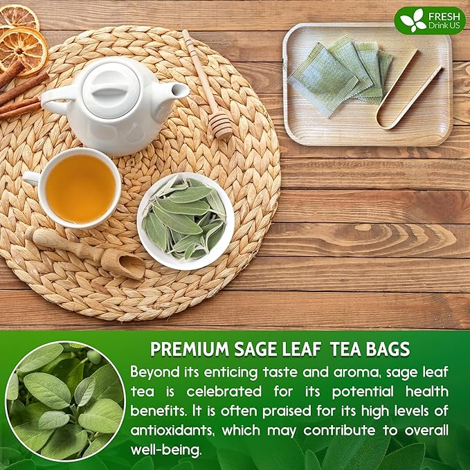 FreshDrinkUS Premium Sage Leaf Tea Bags, 100% Natural & Pure. Loose Leaf Herbal Tea. Made with Natural Material Tea Bags. No Sugar, No Caffeine, No Gluten, Vegan