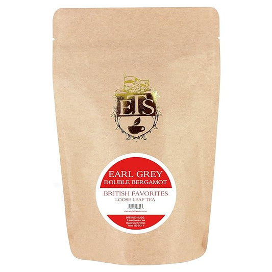 Double Bergamot Earl Grey Tea - 4oz | Loose Leaf Tea Pouches | English Tea Store Blend | Strong Citrus Flavor with Indian & Ceylon Black Tea | Hot or Iced Tea Brewing