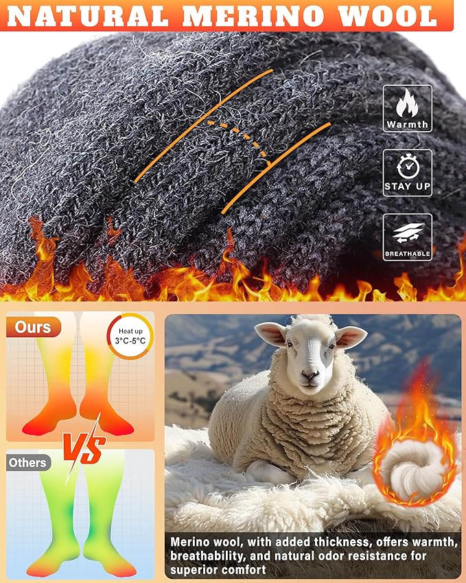 Hylaea Merino Wool Ski Socks, Cold Weather Socks for Snowboarding, Snow, Winter, Thermal Knee-high Warm Socks, Hunting