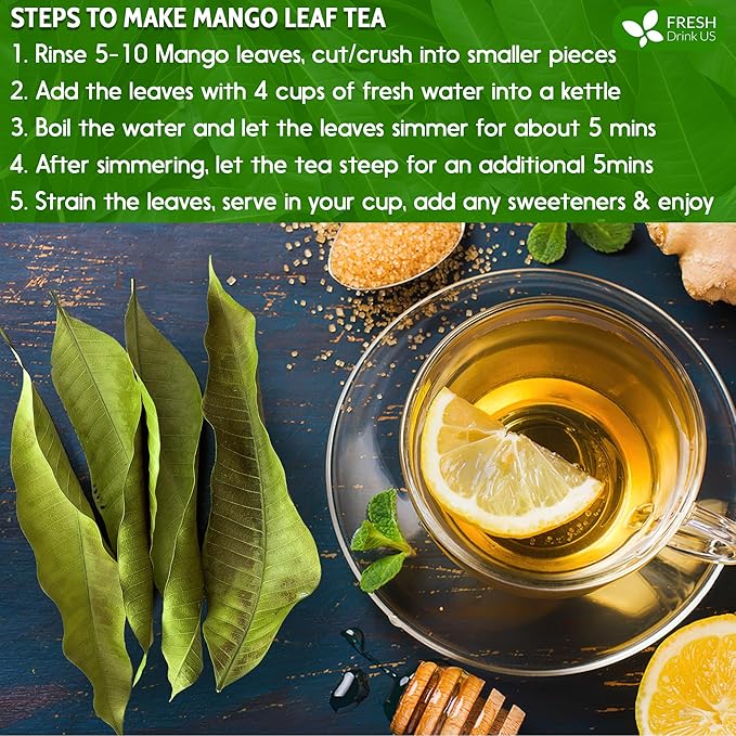 FreshDrinkUS, Premium 140+ Mango Whole Leaves Dried, 100% Natural & Pure from Dried Mango Leaves, Mango Leaf Tea, No Additives, No Caffeine, Vegan
