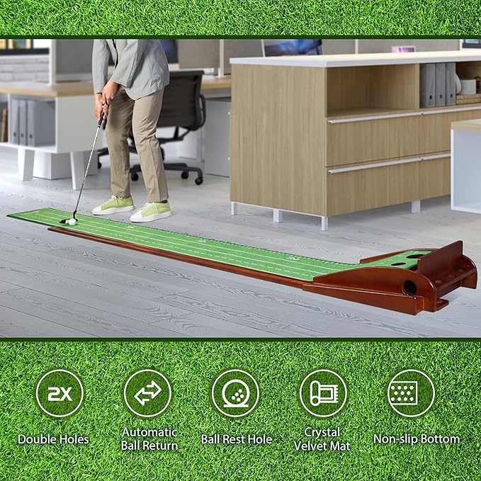 Golf Putting Mat with Ball Return - Putting Green Indoor Featuring 9ft Non-Slip Velvet Surface for Indoor & Outdoor - Smooth, Skip-Free Walnut Ball Return System - Golf Practice Mat for Backyard
