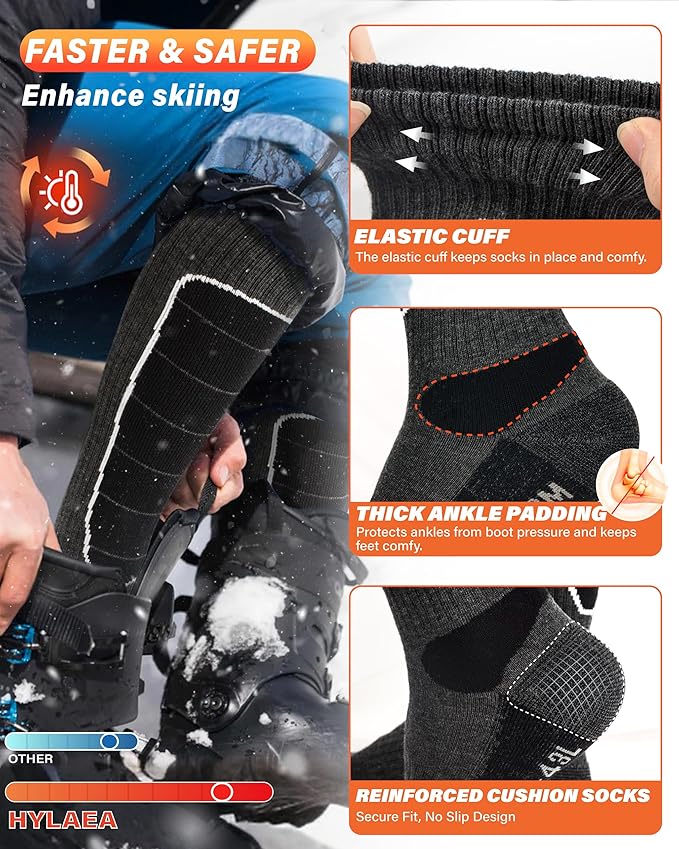 Hylaea Merino Wool Ski Socks, Cold Weather Socks for Snowboarding, Snow, Winter, Thermal Knee-high Warm Socks, Hunting