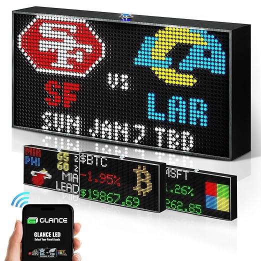 Glance LED Ticker - Customizable LED Display Sports Ticker, LED Display for Man Cave, Stock Market Ticker Display, Sports Score Retro Smart Pixel Display, Weather Display - 8"x4" Made in USA