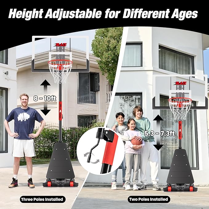 Basketball Hoop Outdoor 10 FT Height Adjustable, Portable Basketball Goals Systems with 45" Backboard for Youth Adults Kids - Backyard, Driveway, Indoor Play