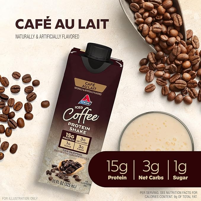 Atkins Café au Lait Iced Coffee Flavored Protein Shake, High Protein Shake, Low Sugar, Low Carb and Low Sugar, Keto Friendly, Gluten Free, 12 Count