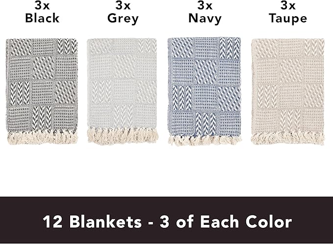Arkwright Common Ground Bulk Blankets - Pack of 12 - Reversible 100% Cotton All Season Lightweight Couch Bed Throws for Wedding Guests, Travel, and Outdoor Events, 50 x 70 in, Block