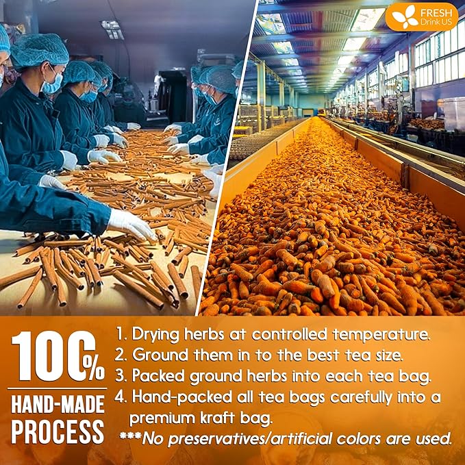 FreshDrinkUS, Premium 75 Turmeric Cinnamon Tea Bags, 100% Natural, Blend of Turmeric, and Cinnamon. Made with Natural Material Tea Bags. No Sugar. No Caffeine. Vegan.