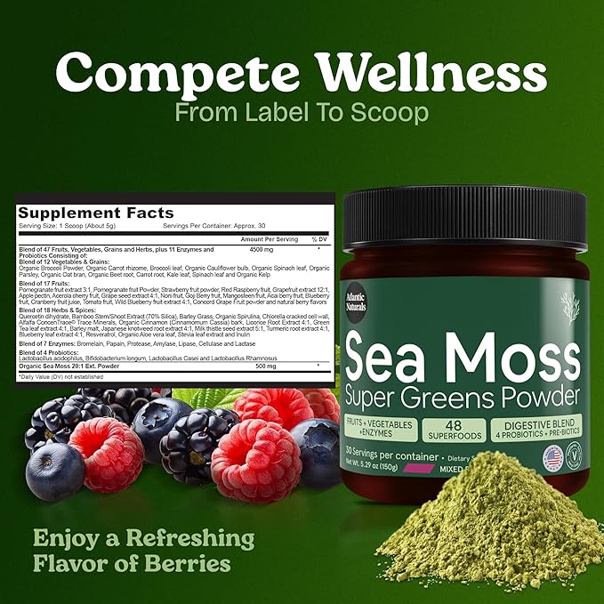 Atlantic Naturals Organic Sea Moss Super Greens Powder - Greens Superfood with 12 Vegetables, 15 Fruits, Probiotics, 16 Herbs & Spices - Digestive Health, Energy, Skin & Immunity - Mixed Berry Flavor