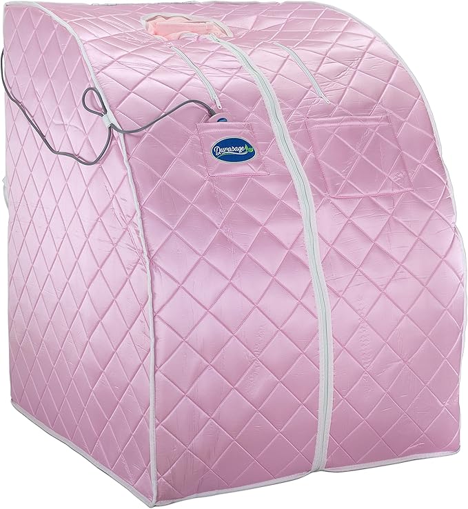 Durasage Personal Ultra Low EMF Portable Infrared Sauna Spa for Home – Detox, Relaxation, 30-Min Timer, Handheld Remote, Heated Footpad, and Chair (Light Pink)