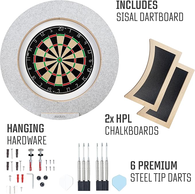 Dart Board Cabinet Set with LED Light; Bristle Dartboard, Built in LED Light, Darts and Chalkboards