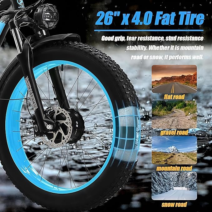 Electric Bike for Adults, AWD Ebike Dual Motor, 26'' Fat Tire Peak 4000W Ebikes with 48V 23AH Battery Hydraulic Brake Electric Bicycle, 21 Speed Dirt Bikes UL Certified