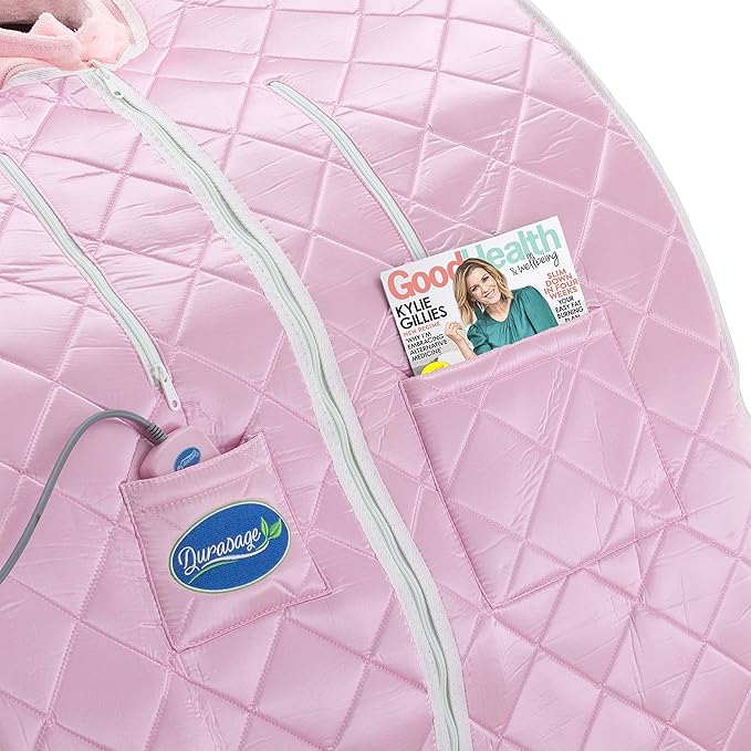 Durasage Personal Ultra Low EMF Portable Infrared Sauna Spa for Home – Detox, Relaxation, 30-Min Timer, Handheld Remote, Heated Footpad, and Chair (Light Pink)