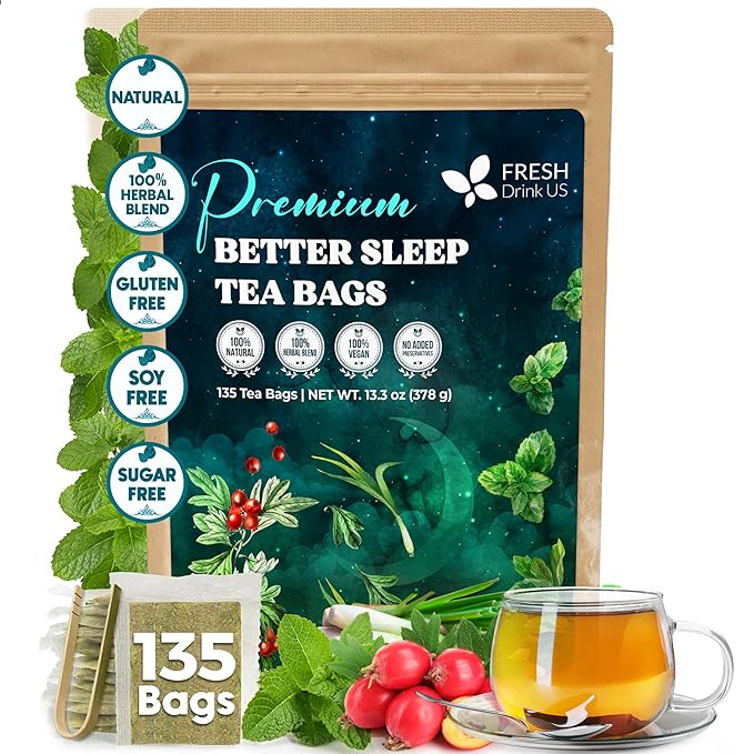 FreshDrinkUS, Premium 135 Tea Bags Better Sleep Herbal Tea | Caffeine-Free Loose Leaf Blend with Spearmint Leaves, Lemongrass Leaves, and Hawthorn Berry – Naturally Refreshing and Aromatic.