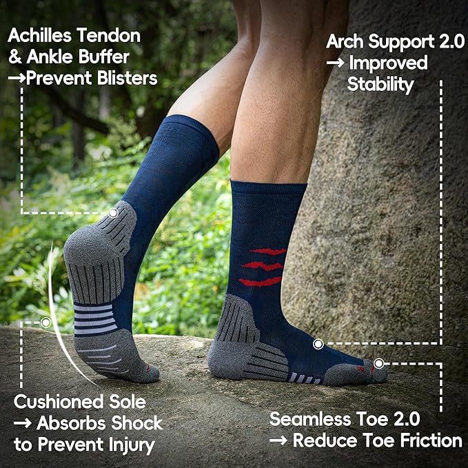 Compression Running Socks, Cushion Crew Socks - Anti-Blister Moisture Wicking for Athletic Hiking Basketball Tennis
