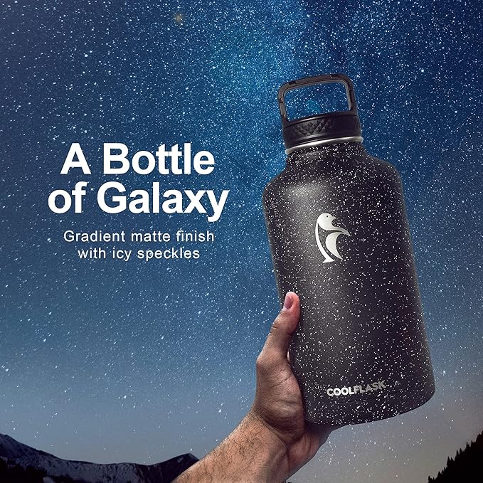 Coolflask 64 oz Insulated Water Bottle with Straw&3 Lids, Half Gallon Insulated Water Jug Galaxy Large Metal Stainless Steel Flask for Gym, Sports and Office, Keep Cold 48H Hot 24H, Starry Night