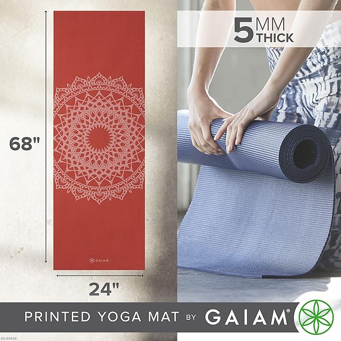 Gaiam Yoga Mat - Premium 5mm Print Thick Non Slip Exercise & Fitness Mat for All Types of Yoga, Pilates & Floor Workouts (68" x 24" x 5mm)
