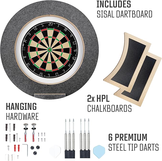 Dart Board Cabinet Set with LED Light; Bristle Dartboard, Built in LED Light, Darts and Chalkboards