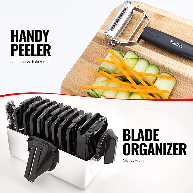 Fullstar Mandoline Slicer for Kitchen, Fruit Cutter, Cheese Grater, Cucumber Slicer, Veggie Spiralizer, Food Cutter & Kitchen Gadgets with Safety Glove (11 in 1, White)