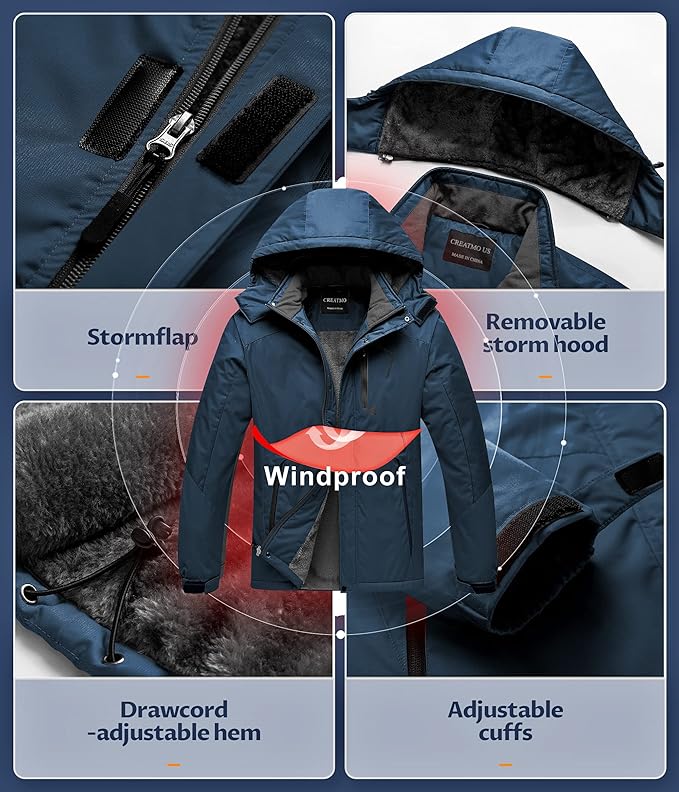 CREATMO US Men's Mountain Waterproof Ski Jacket - Windproof Snowboarding Warm Winter Coat Raincoat