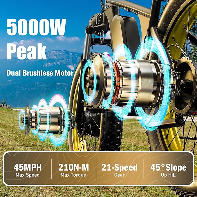 Electric Dirt Bike, 5000W Peak Dual Motor EBike for Adults, 60V 25AH Battery Electric Bike with 40-50MPH Mountain AWD 21-Speed Snow, 26" x 4.0 Fat Tire, Long Range Off-Road