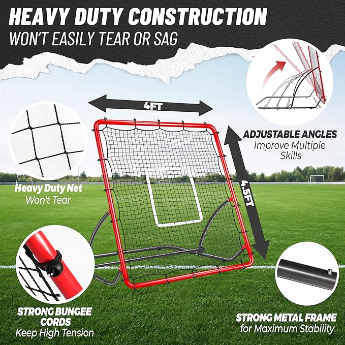 Heavy Duty Baseball Rebounder Net 4x4.5 FT Pitchback with 3 Adjustable Angles, Baseball and Softball Bounce Back Net for Ground, Line Drive, Fly Ball Return Settings Fielding Trainer
