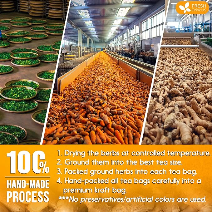 FreshDrinkUS, Premium 75 Tulsi Turmeric Ginger Tea Bags, 100% Natural & Pure from Tulsi Holy Basil Leaves, Turmeric and Ginger. Made with Natural Material Tea Bags. No Sugar, No Caffeine, Vegan.