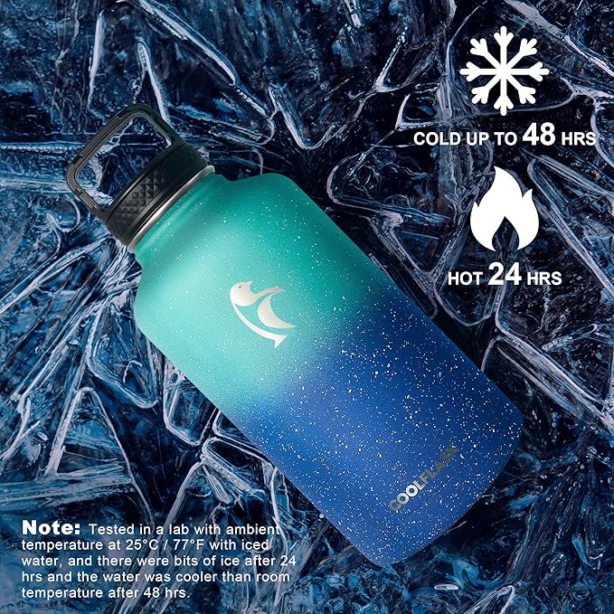 64 oz Water Bottle Insulated with Straw&3 Lids, Coolflask Half Gallon Water Jug Galaxy Large Metal Stainless Steel Vacuum Flask for Gym, Sports, Keep Cold 48H Hot 24H, Glacier Blue