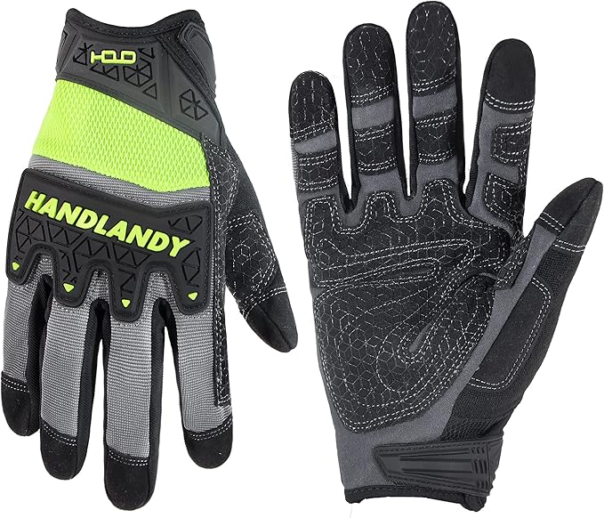 HANDLANDY Mens Work Gloves Touch screen, Utility Mechanic Gloves, Flexible Breathable Fit- Padded Knuckles & Palm