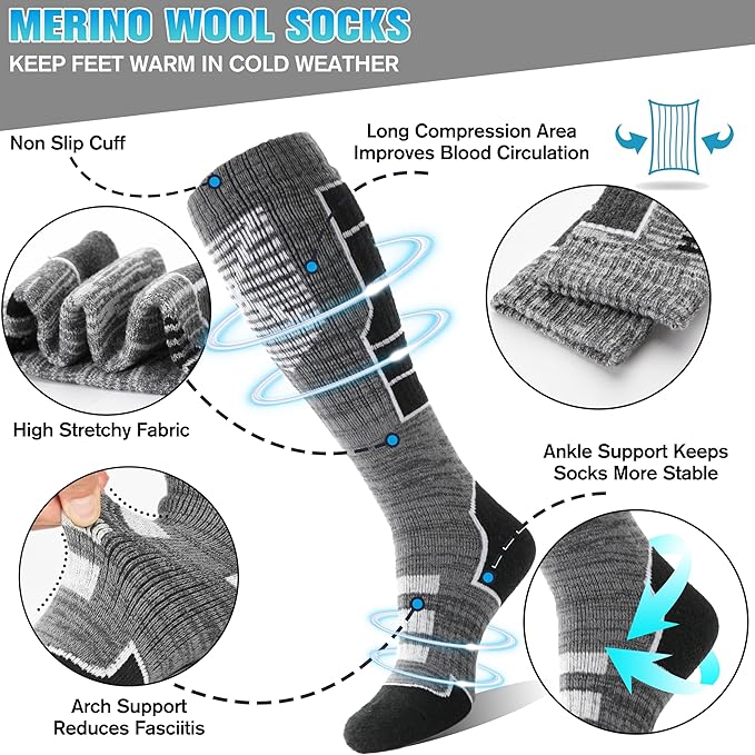 Anlisim 3 Pairs Unisex Merino Wool Ski Thermal Warm Thick Knee High Long Socks