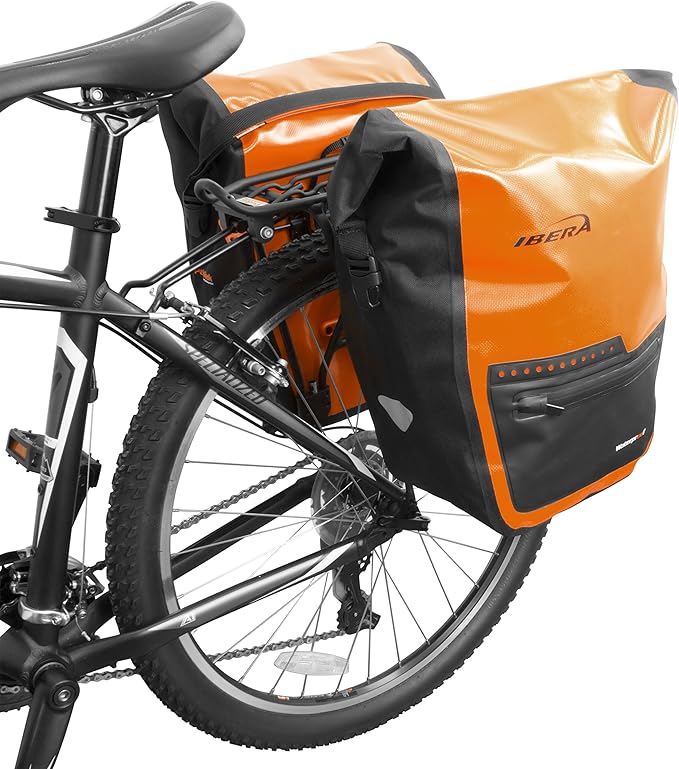 Ibera Panniers Bike Bags 30L (Pair) - Waterproof & with Quick Release/Clip-On System - Bike Saddle Bags For Rear Rack with Rain Cover & 19.8 lbs Capacity - Saddle Bag Bicycle Fits Most Racks (Orange)